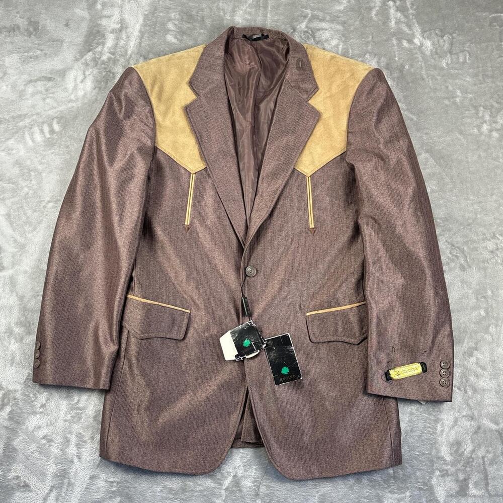 Vintage 70s Encino Western Blazer Suede Yoke Brown Sport Coat 38R NWT